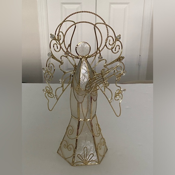 Vintage Capiz Shell Christmas Angel with Wings Playing Harp Gold Metal Crystals - Picture 8 of 16